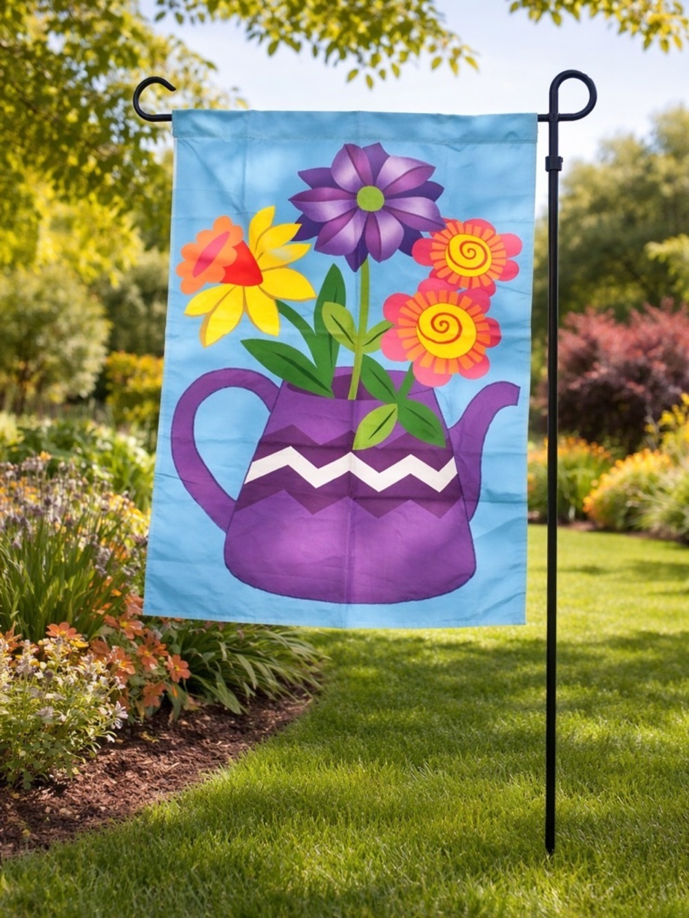 Large Spring Floral Yard Lawn Flag Watering Can Colorful Cheerful Summer